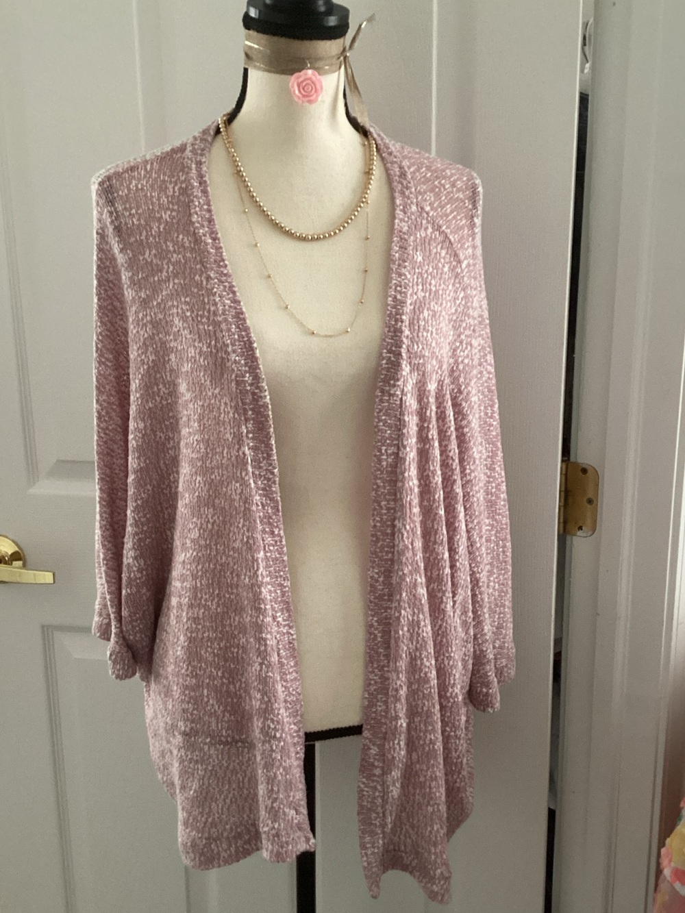 EUC pink white marled open kimono crdigan
